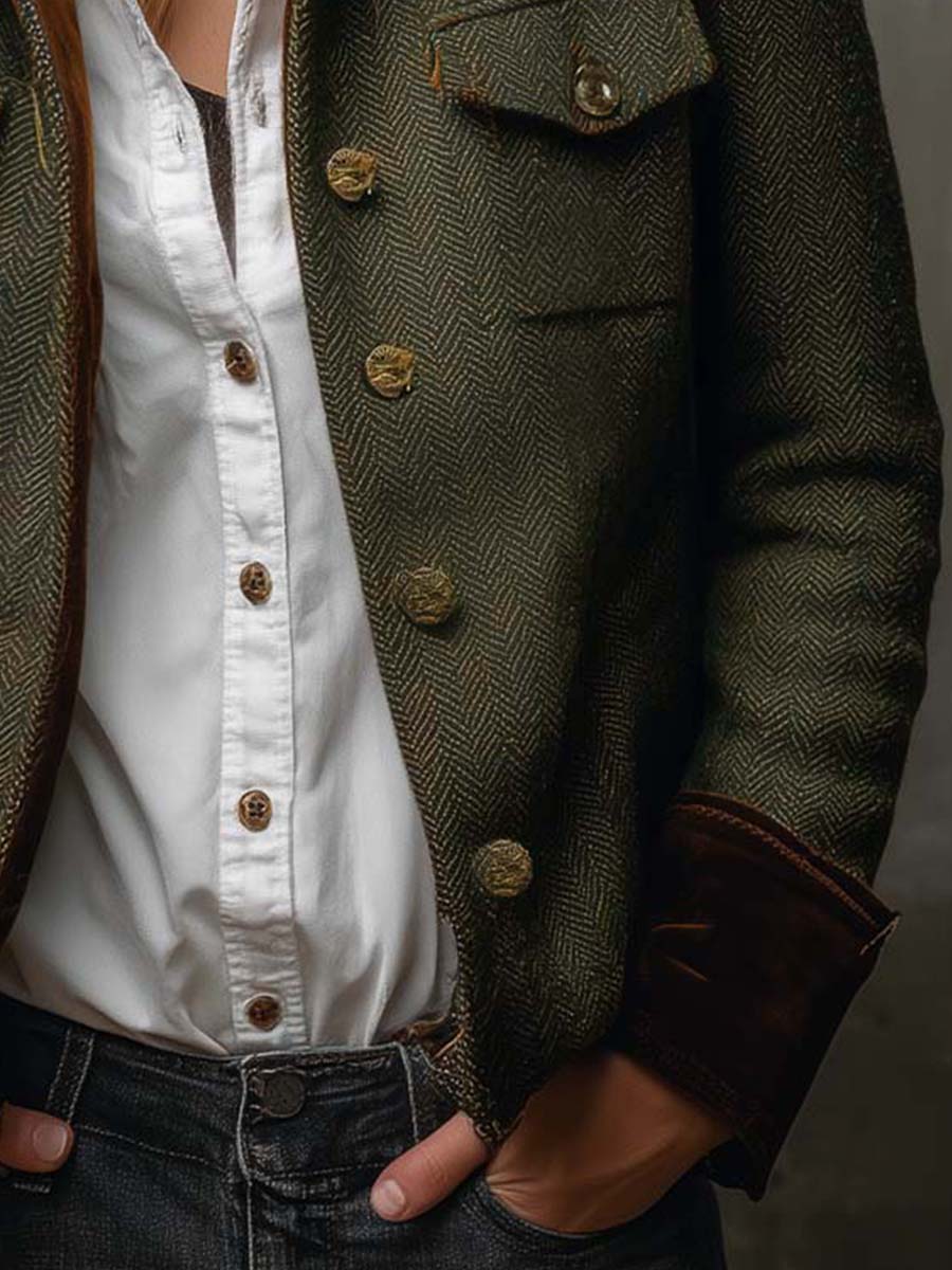 Blazer Vintage de Chevron con Ribetes en Contraste