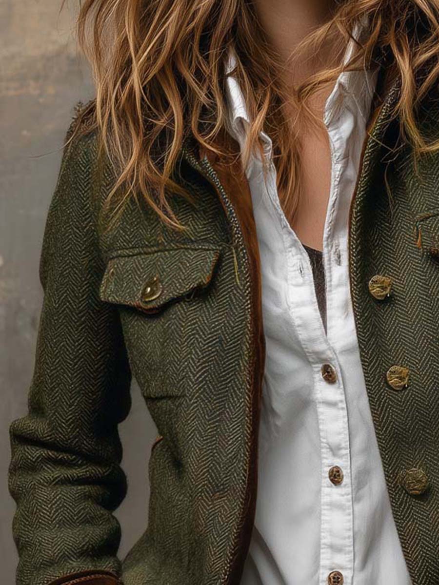 Blazer Vintage de Chevron con Ribetes en Contraste