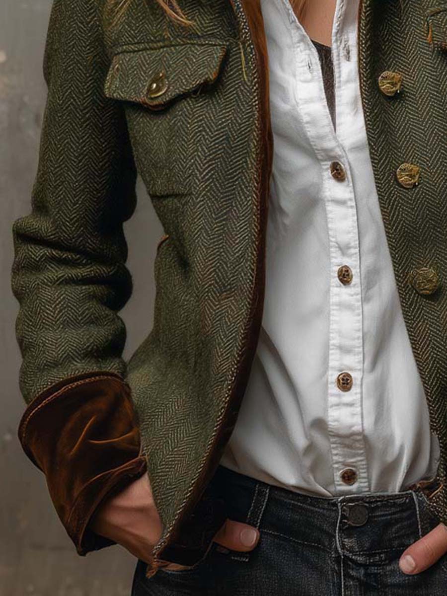 Blazer Vintage de Chevron con Ribetes en Contraste