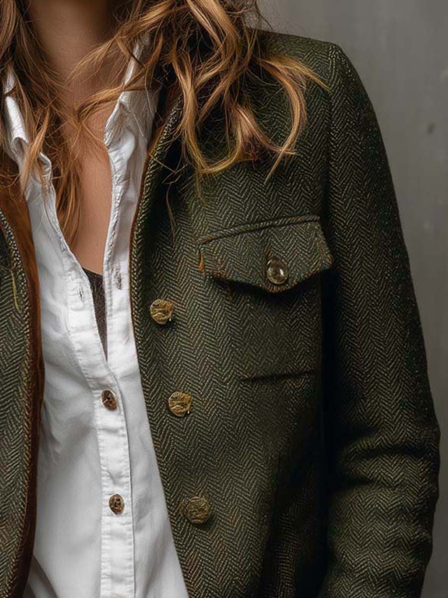 Blazer Vintage de Chevron con Ribetes en Contraste