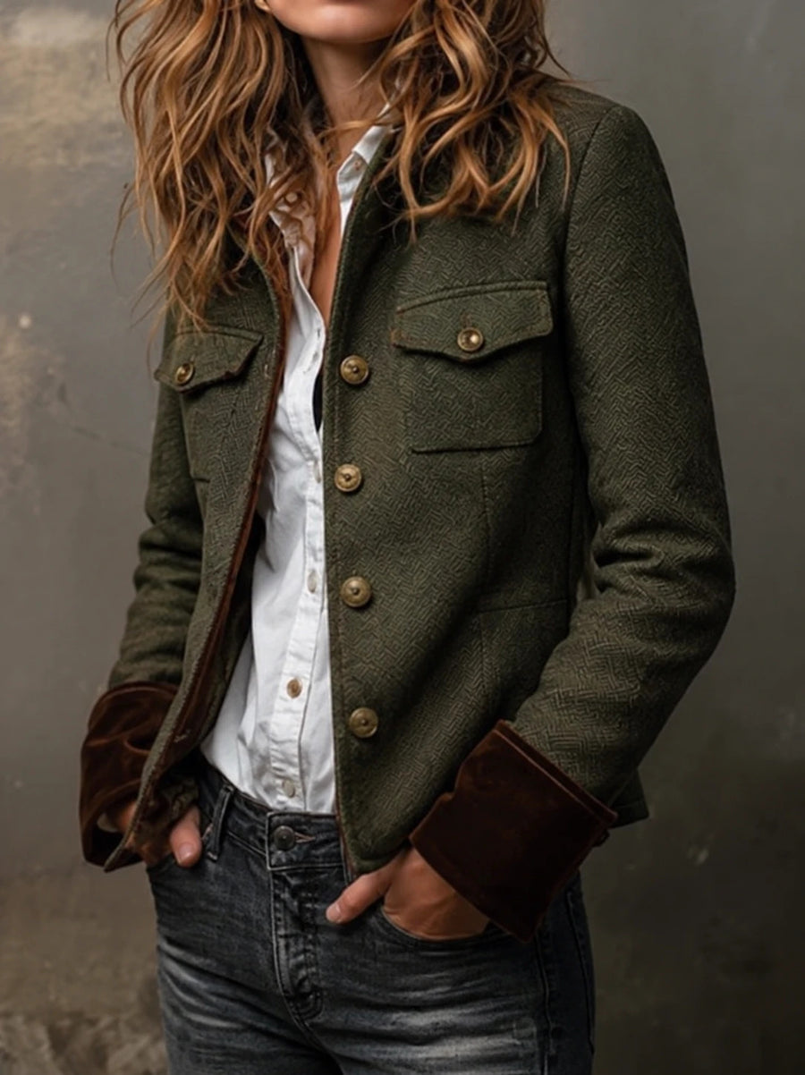 Blazer Vintage de Chevron con Ribetes en Contraste