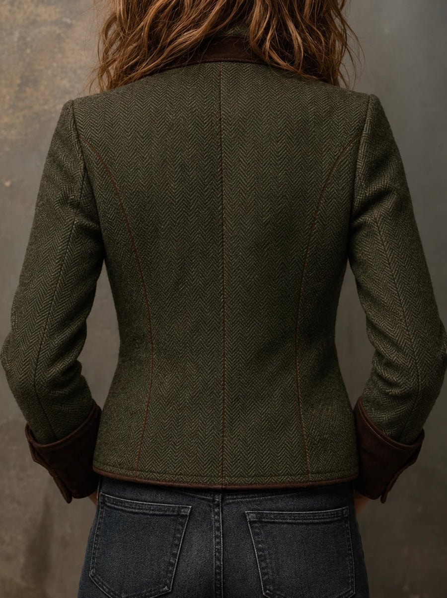 Blazer Vintage de Chevron con Ribetes en Contraste