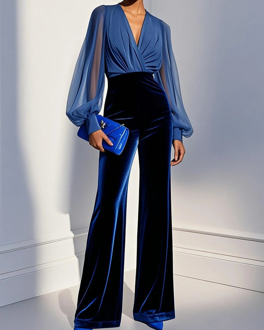 Mono elegante con cuello en V, azul